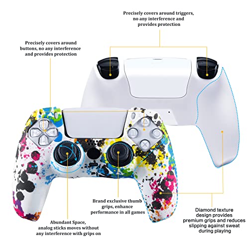 Studded Printing Silicone Cover Skin Case for PS5 Controller x 1(Graffiti) with Pro Thumb Grips x 8