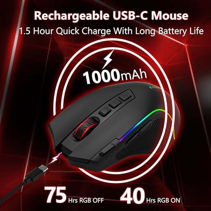 E-YOOSO Premium Wireless Bluetooth Versatile Mouse,8000 DPI,6 RGB Backlit | USB C Rechargeable,2.4G/BT/Wired,Rapid Fire Key,75-Hour Power Capacity,For Gaming/Office/Home/PC Computer/Laptop/Mac