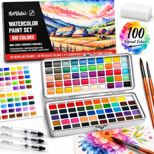 Watercolor Paint Set with 100 Bright Colors: for Adult Beginners & Professional with Metallic - Travel Sized Water Color Art Kit Palette - color: Standard Set