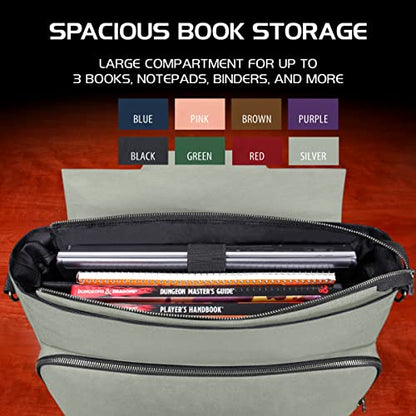 ENHANCE Collector's Edition RPG Player's Essentials DnD Bag - Dragon Hide Exterior Messenger Bag Fits 2-4 Books, Binders, Dice & Accessories, with 17 inch Laptop Slot, Battlemap Straps (Dragon Silver) - color: Dragon Silver