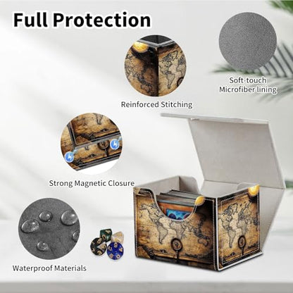 Stylish MTG Deck Box for 110+ Cards, Magnetic Commander Deck Case with Bonus Game Card Pouch, Durable Storage for TCG and Sleeved Magic Cards, An Old Map - color: An Old Map