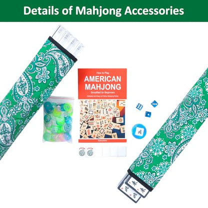 American Mahjong Tile Set, 166 White Tiles Mahjong Set, 4 Transparent All-in-One Rack/Pushers, Travel Game Set with Green Printed Carrying Bag - color: Green
