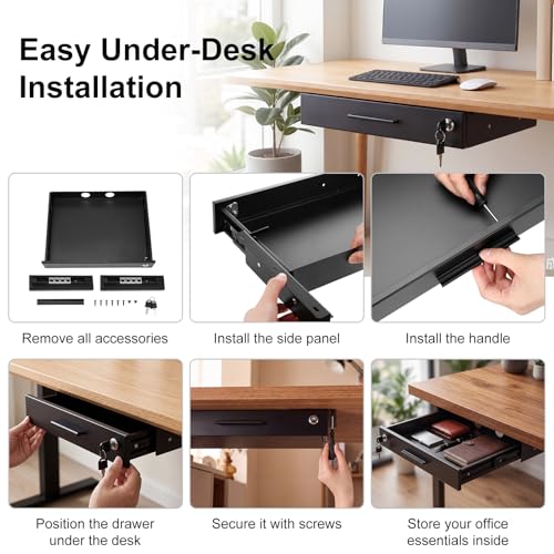 Menkxi 16'' x 12'' Under Desk Drawer Slide Out Storage Organizer, Lockable Metal Desk Drawer for Laptop and Office Accessories, Large Hidden Under Table Storage Box with Cable Management, Black - size: 16'' x 12''