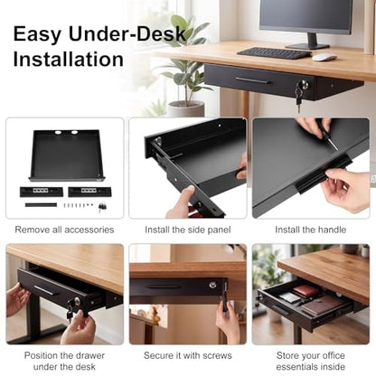 Menkxi 16'' x 12'' Under Desk Drawer Slide Out Storage Organizer, Lockable Metal Desk Drawer for Laptop and Office Accessories, Large Hidden Under Table Storage Box with Cable Management, Black - size: 16'' x 12''
