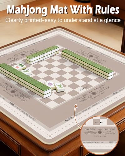 Mahjong Mat Table with Rules Mah Jong Mat Neoprene Travel Chinoiserie Floral Majong Learning Mat Instructions Mahjong Gifts Women Unique Non-Slip Rubber Pad, 31.5" x 31.5", Khaki Plaid - color: Khaki Plaid, size: 31.5" x 31.5"