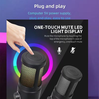 USB Gaming Condenser Microphone with RGB Light, One-Touch Mute, Volume Control, Desktop Stand, for PS4/PS5 and PC