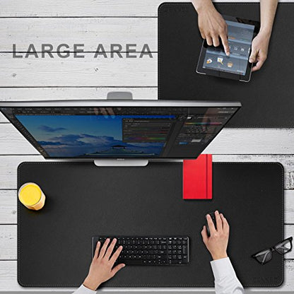 CENNBIE Leather Desk Mat Protector, 39.3" x 19.6" Large Mouse Pad(Black) | Premium stitched edges resist wear. Easy to clean. Protects desk from spills, stains ,scratches. Smooth glide. Office & home. - color: Black, size: 39.3" x 19.6"