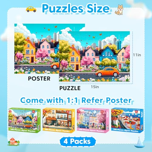 4 Packs 100 Piece Puzzles for Kids Adults, 4 in 1 Jigsaw Puzzles for Kids Ages 6-8 8-10, Beautiful House Large Piece Puzzle for Seniors Learning Educational Children Puzzle 5-8 for Boys and Girls - style: Beautiful House