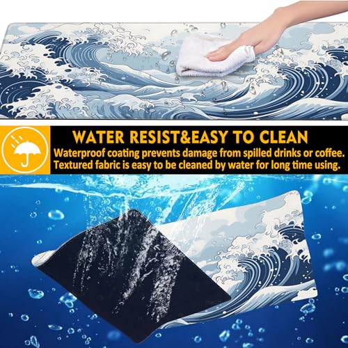 Mountain Gaming Mouse Pad,Japanese Blue and White Sea Wave Desk Mat,31.5""X15.7"" Large Desk Pad with Stitched Edge Non-Slip Base Keyboard Big Mouse Pad for Office Home Work Gaming, WDQ-D05 - color: Japanese Sea Wave
