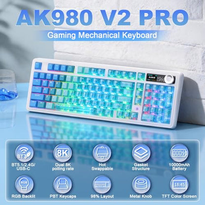 AJAZZ AK980 V2 Pro 98% Dual 8K Mechanical Keyboard, 10000mAh Wireless Tri-Mode Gaming Keyboard with Smart Display & Knob, Hot Swappable BT/2.4G/USB-C for Win/Mac (Blue,Lychee Switch) - color: Blue