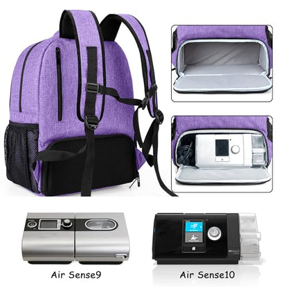 CURMIO CPAP Backpack Compatible with ResMed AirSense 9 10 11, Purple | CPAP Supplies Storage Bag with Chest Belt for Power Supply, Mask, Headgear strap, Tubes, Empty Bag - color: Purple