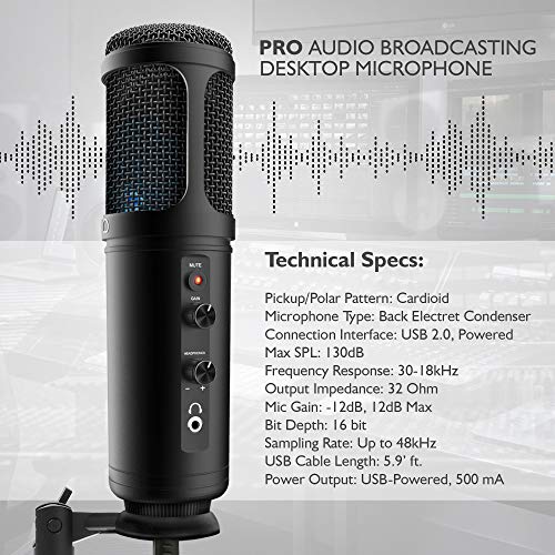 JOVIAL Pyle USB PC Recording Condenser Microphone, Portable Pro Audio Condenser Desk Mic, Blue LED, Adjustable Gain, Headphone Jack, Mute Control, Tripod Stand, for Podcast Streaming Gaming