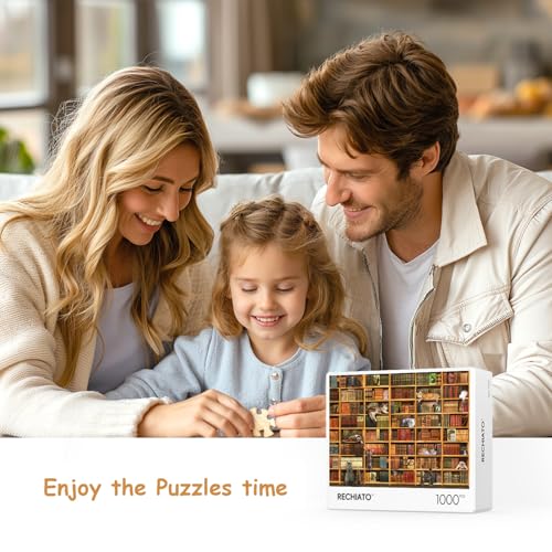 Cats Library Jigsaw Puzzle, 1000+ Piece Funny Kitten Bookshelf Puzzles, Challenging Animal Pet Lover Gifts for Friends & Family Activity Game Nights - color: Kitten Library