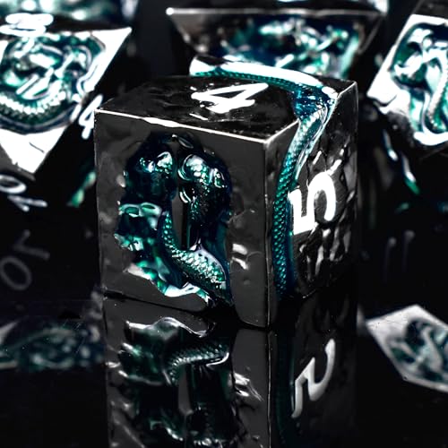 RULE DICE Metal DND Dice Set with Serpent's Cunning Design– 7 Polyhedral Solid D&D Dice – Balanced Metal Dice for Dungeons and Dragons, RPG, Role Playing Games - color: Ld-black White