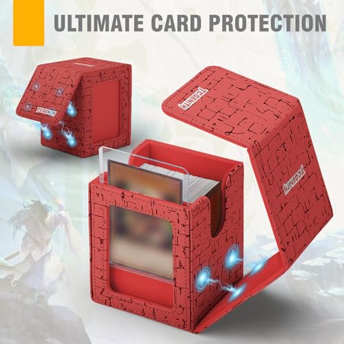 MTG Commander Deck Box with Display Window, Magnetic Closure Card Case Holds 100+ Double-Sleeved Cards, PU Leather TCG Storage Box Compatible with PTCG, Sports & Trading Cards (Red) - color: Wine