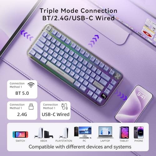 AUSDOM K75pro Wireless Gaming Creamy Keyboard, Tri-Mode BT/2.4G/USB-C Computer Keyboard, RGB Backlit Media Knob Creamy Keyboard, Purple - color: Purple