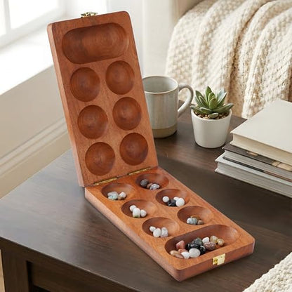 Ajuny Wooden Mancala Board Game Folding Travel Set with 80 Marbles 2 Player | Classic Counting Strategy Activity for Kids Adults Families Portable Entertainment Educational Tabletop Indoor Fun Night Play - size: 9.5 Inch