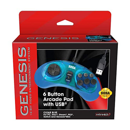 Retro-Bit Official Sega Genesis USB Controller 6-Button Arcade Pad for Sega Genesis Mini, PS3, PC, Mac, Steam, Switch - USB Port - (Clear Blue) - color: Clear Blue