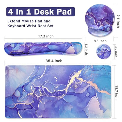 4-in-1 Gaming Mouse Pad Wrist Support Set，Desk Pad + Mouse Pad with Wrist Rest + Keyboard Wrist Rest + Coaster, Ergonomic Design for Home Office Study Game - Purple Marble - color: 4 Pcs Purple Marble