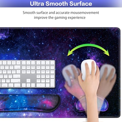 Mouse Pad Galaxy with Wrist Rest, 4-in-1 Large Mousepad+Keyboard Wrist Rest+Mouse Pad Wrist Support+Cup Pad Set,Ergonomic Mouse Pad,Anti-Slip,Memory Foam Desk Mat for Home Office Gaming(35.4×15.7in) - color: Galaxy