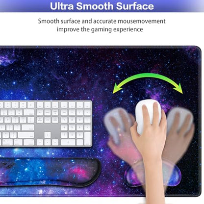 Mouse Pad Galaxy with Wrist Rest, 4-in-1 Large Mousepad+Keyboard Wrist Rest+Mouse Pad Wrist Support+Cup Pad Set,Ergonomic Mouse Pad,Anti-Slip,Memory Foam Desk Mat for Home Office Gaming(35.4×15.7in) - color: Galaxy