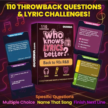 Quokka Party Games for Adults and Families - Ultimate Trivia Music Games | Who Knows Lyrics Better? 110 Throwback Questions – Back to 90s R&B – Fun Lyric Challenge for Teens, Girls and Game Nights - color: Lyrics Rnb Ext