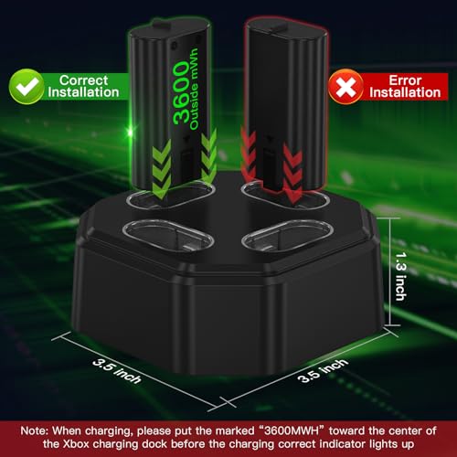4 Pack Rechargeable Battery Pack Compatible with Xbox Series S/X,Charger Dock with 4 x 3600mWh NiMH Controller Battery Pack for Xbox One Wireless Controller - color: Green