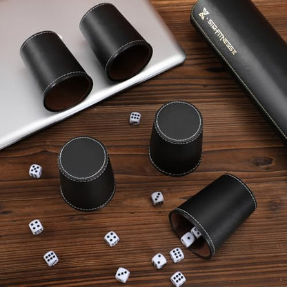 Leather Dice Cup Set, 5 Black Dice Cups, 25 Dice with Storage Travel Case | PU leather dice set with 5 felt-lined cups, 25 dice and storage case for Liar’s Dice, craps, backgammon and party games - color: Black