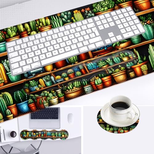 Large Mouse Pad and Keyboard Wrist Rest, Desk Pad for Keyboard and Mouse, 4-in-1 Large Gaming Mouse Pad with Wrist Support, Desk Mat for Home Office Study Game,Cactus and Succulents - color: Cactus and Succulents