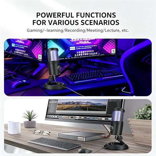 USB Gaming Condenser Microphone with RGB Light, One-Touch Mute, Volume Control, Desktop Stand, for PS4/PS5 and PC