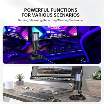 USB Gaming Condenser Microphone with RGB Light, One-Touch Mute, Volume Control, Desktop Stand, for PS4/PS5 and PC