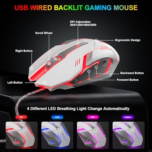BlueFinger RGB Gaming Keyboard and Backlit Mouse Combo, USB Wired, LED Gaming Set for Laptop PC Computer Game and Work(White) - color: White
