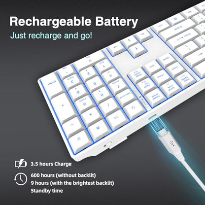 POWZAN Wireless Backlit Keyboard Quiet - Computer Rechargeable Ergonomic Light UP Keyboard, Silent Keys Full Size Compatible for Windows, Desktop, Laptop, PC, Gaming, PS5 - White - color: White