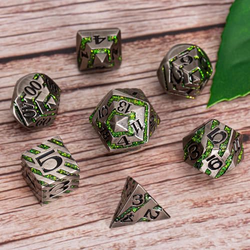 DND Dice Set Dungeons and Dragons Dice d20 Metallic Stripes Dice with Gift Case, Polyhedral Dice Sets for Tabletop Games D&D Dice MTG Pathfinder Role Playing Game, Antique Nickel Bright Green - color: Antique Nickel Bright Green