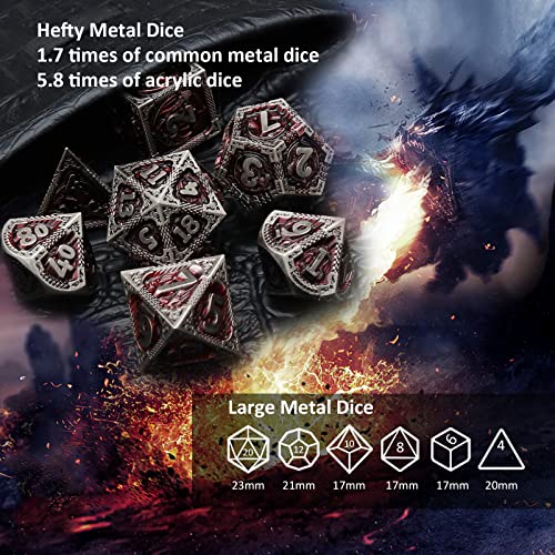Haxtec DND Dice Set Metal D&D Dice Set with Leather Dice Bag Antique Iron Red Metal Polyhedral Dice Compatible with Dungeons and Dragons TTRPG Gifts - color: Grey Red