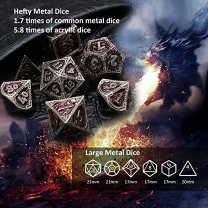 Haxtec DND Dice Set Metal D&D Dice Set with Leather Dice Bag Antique Iron Red Metal Polyhedral Dice Compatible with Dungeons and Dragons TTRPG Gifts - color: Grey Red