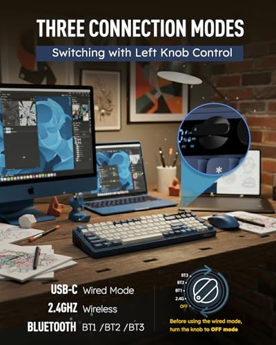 RK ROYAL KLUDGE M100 Wireless Mechanical Keyboard with Screen & Knobs, Blue | RGB Gaming Keyboard with Number Pad, Bluetooth/2.4GHz/USB-C Gasket Mount Keyboards for Win/Mac/PC, Hot Swappable Cream Switch - color: Blue