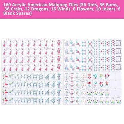 160 Engraved American Mahjong Tiles Set with Carrying Bag and Accessories, 1.2’’ Mahjong Tile Set - color: Magenta