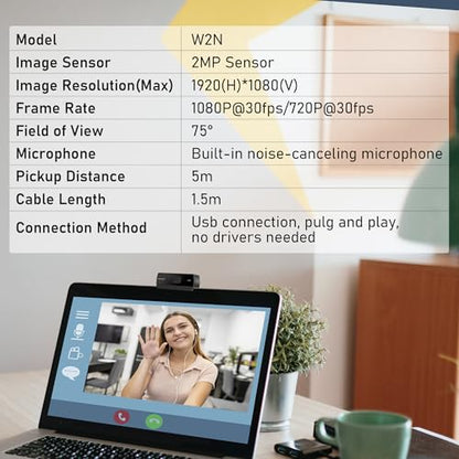 1080P Webcam with Built-in Microphone, W2N Web Cam, Privacy Cover, 75° FOV, Noise Cancellation, Plug & Play Web Camera for Computer, USB Webcam for Pc, Laptop, Desktop, Mac