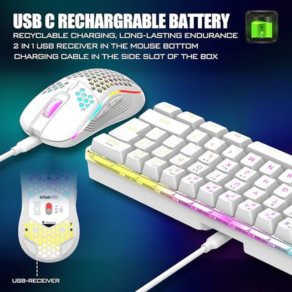 RedThunder 60% Wireless Gaming Keyboard and Mouse Combo, 2500mAh Rechargeable Battery, Ultra-Compact Small RGB Mechanical Feel Keyboard, Lightweight Honeycomb Optical Mouse for Gaming/Business, White - style: 02 White Wireless Combo