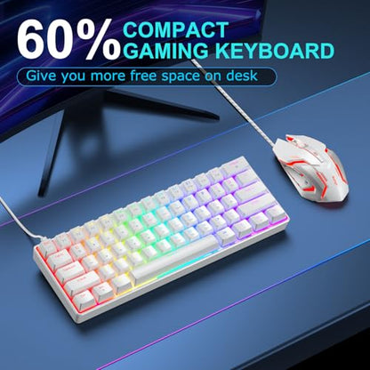 BlueFinger 60% Mechanical Gaming Keyboard and Mouse Combo - RGB Rainbow Backlit 61 Keys Red Switch Keyboard & 4 DPI LED Gaming Mouse, USB Wired Set for PC Laptop Xbox PS4 PS5, White - color: White