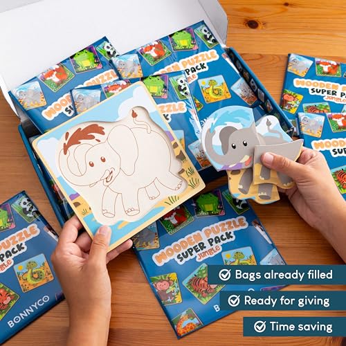 BONNYCO 4 Pieces Wooden Puzzles Pack 16 Party Favors for Kids 1 to 5. Birthday Goodie Bags Stuffers, Valentines Gifts for Toddlers Ideas, School Classroom Prizes and Baby Bulk Toys