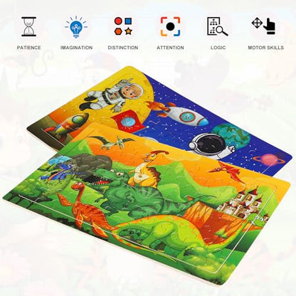 Wooden Puzzles Toys for Kids Ages 4-6, Set of 3 Packs with 60-Piece Wood Jigsaw Puzzles, Dinosaur, Animal and Space Theme. Ideal Gifts for Boys and Girls 3 4 5 6 7 8 Years Old