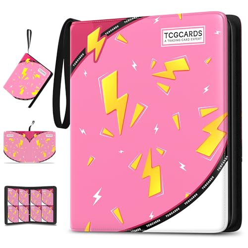 Trading Card Binder 4 Pocket,400 Pocket Card Collection Binder with 50 Removable Sleeves,PU Waterproof Top Card Book,3-Ring Zipper Collectible Trading Card Album for MTG/TCG/Card Holder Gift（Pink） - color: Pink, size: Small