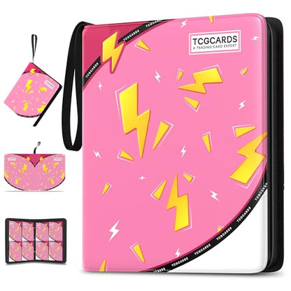 Trading Card Binder 4 Pocket,400 Pocket Card Collection Binder with 50 Removable Sleeves,PU Waterproof Top Card Book,3-Ring Zipper Collectible Trading Card Album for MTG/TCG/Card Holder Gift（Pink） - color: Pink, size: Small