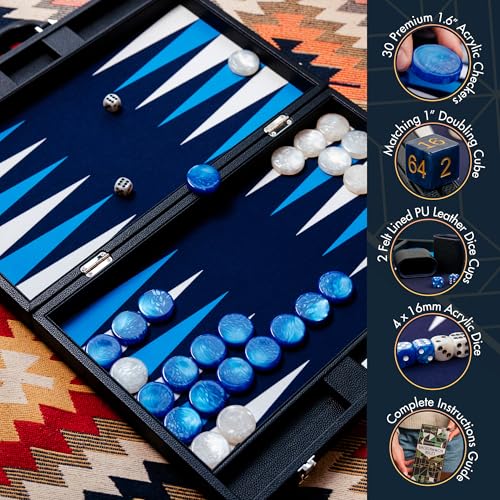 Pointworks 19 Inch Premium Backgammon Sets for Adults Leather Black - Blue. Premium 1.6 Inch Checkers & Dice Set, Travel Backgammon Set, Large, Backgammon Board Game, Backgammon Game Set - color: Black Case - Blue Field