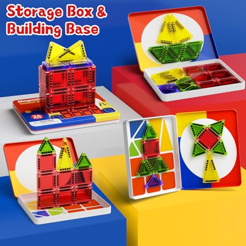 Magnetic Tiles Travel Toys with Storage Case, Portable STEM Building Blocks for 3-8 Year Olds, Toddler Airplane Activities & On-The-Go Birthday Gift for Boys & Girls - style: Magnetic Tiles Travel Construction Set - 26PCS