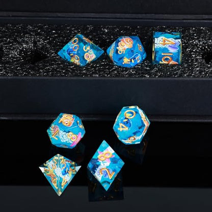 DND Dice Set 7-Pcs Sharp Edge Blue Marine Life Style Resin Dice Polyhedron Resin Sharp Edge dice Role-Playing Game RPG MTG Board Game (Marine Life - Golden) - color: Marine Life - Golden
