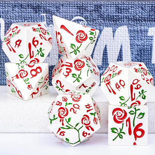 Gothic DND Dice Set Bleeding Rose Metal D and D Dice for use with Dungeons Dragons D&D Role Playing Game, Red RPG Polyhedral Dice Set D20 D12 D10 D8 D6 D4 - color: Red&silver&red Numbers