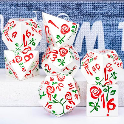 Gothic DND Dice Set Bleeding Rose Metal D and D Dice for use with Dungeons Dragons D&D Role Playing Game, Red RPG Polyhedral Dice Set D20 D12 D10 D8 D6 D4 - color: Red&silver&red Numbers